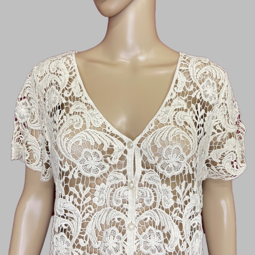 Questions by Say What? Crochet Short Sleeve Button V-Neck 1X - Picture 2 of 5